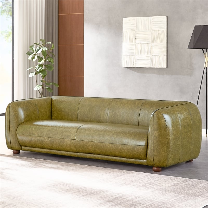 Pemberly Row Solid Wood Frame and Leather Upholstered Couch in Green