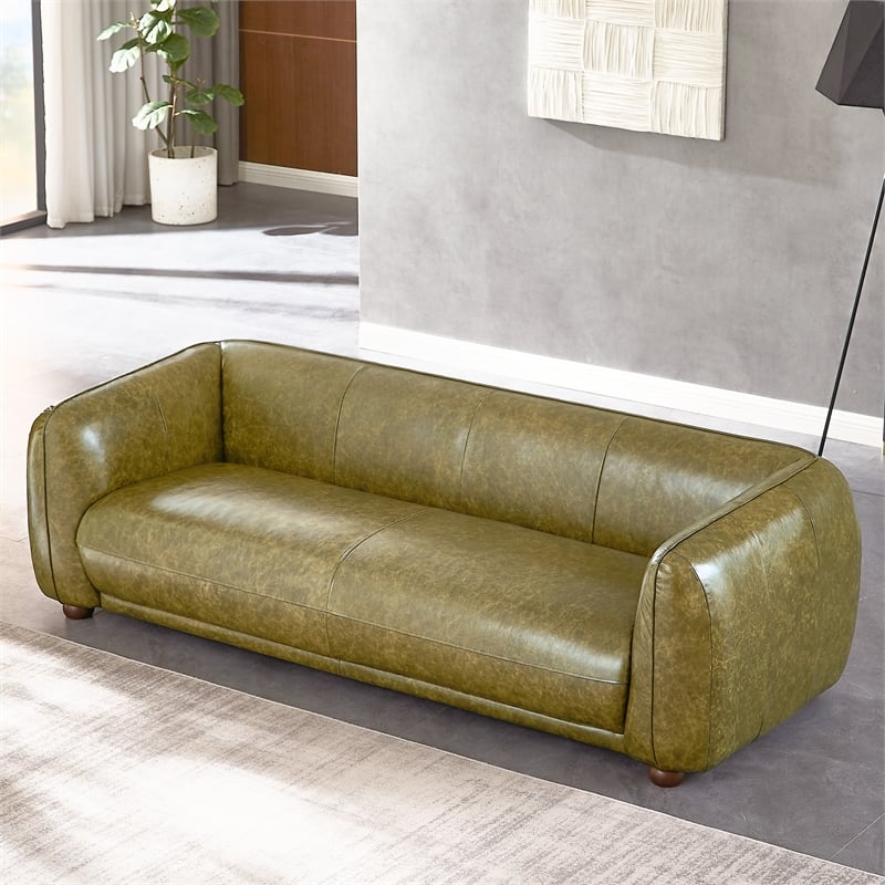 Pemberly Row Solid Wood Frame and Leather Upholstered Couch in Green