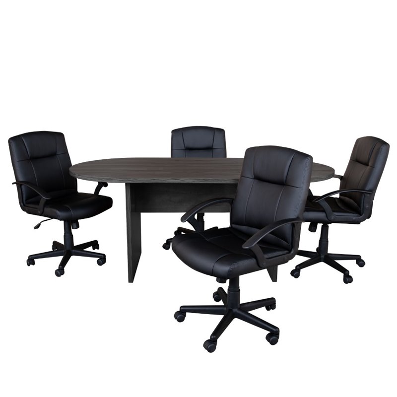 Pemberly Row 5 Piece Wooden Oval Conference Table Set in Gray and Black