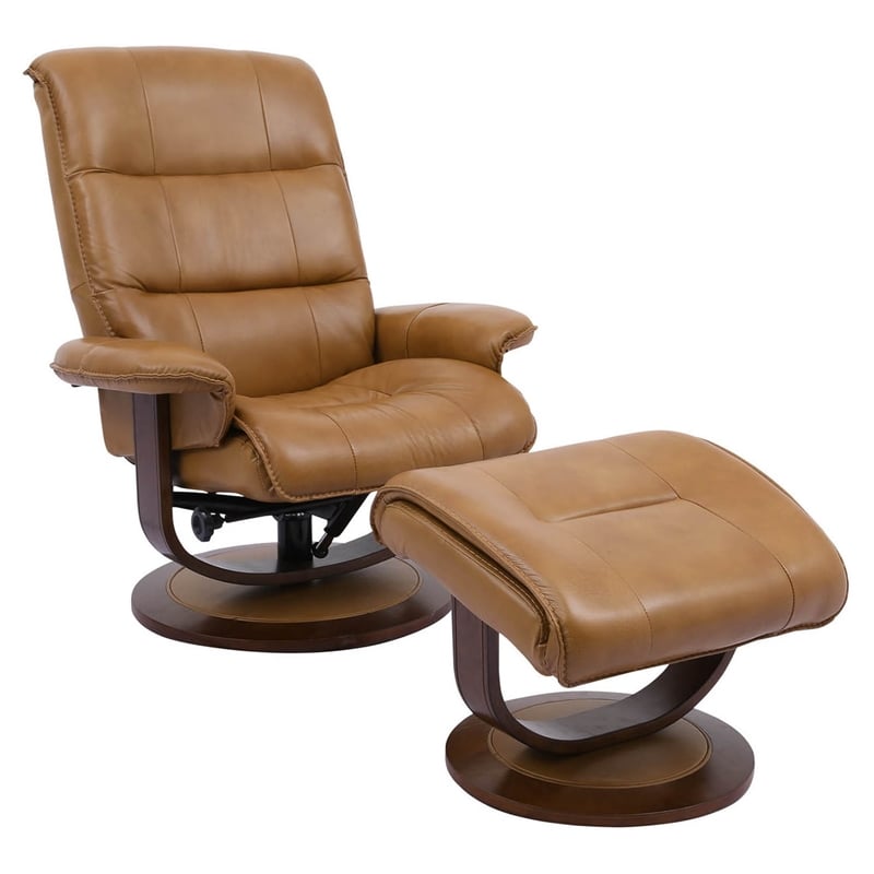 Pemberly Row Leather Manual Reclining Swivel Chair and Ottoman in Brown