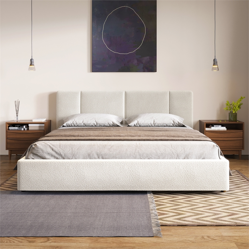 Pemberly Row Upholstered Platform King Bed in Cream Beige Boucle Fabric