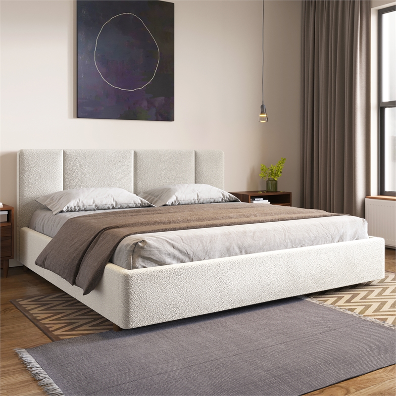 Pemberly Row Upholstered Platform King Bed in Cream Beige Boucle Fabric