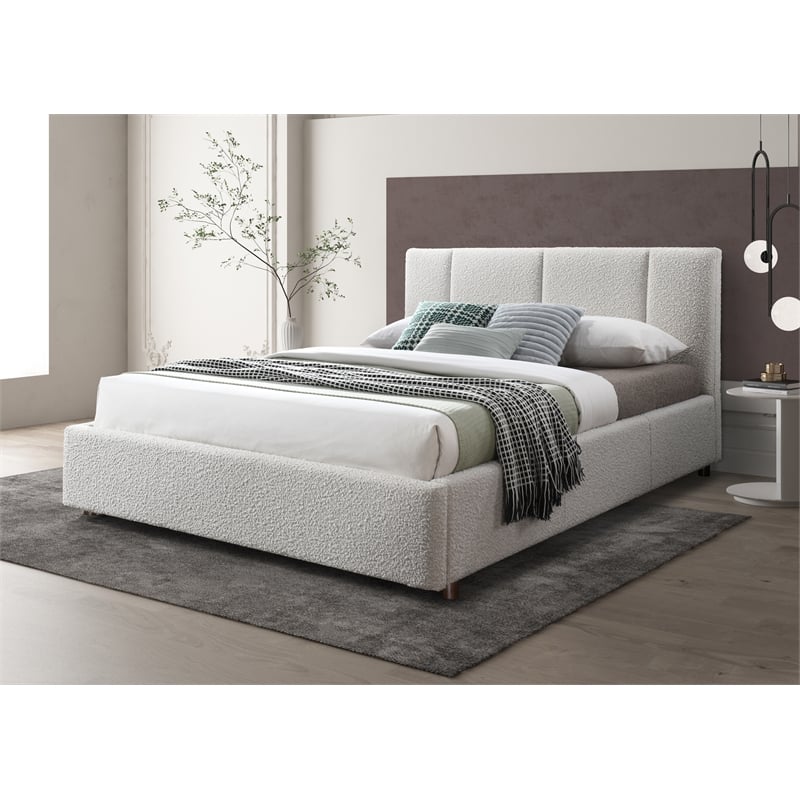 Pemberly Row Upholstered Platform Queen Bed in Cream Beige Boucle Fabric