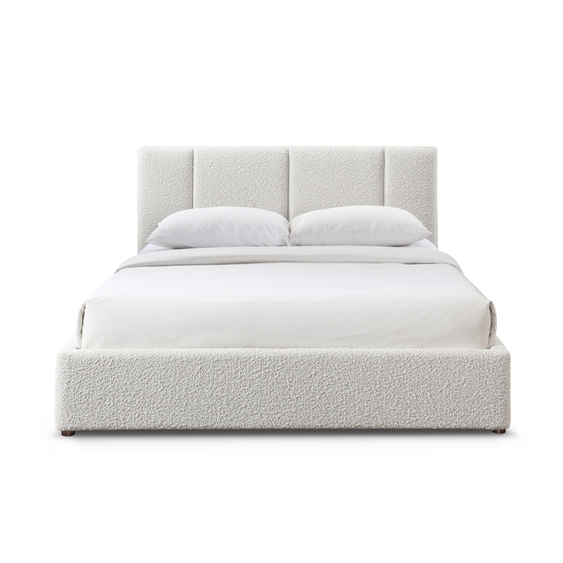 Pemberly Row Upholstered Platform Queen Bed in Cream Beige Boucle Fabric