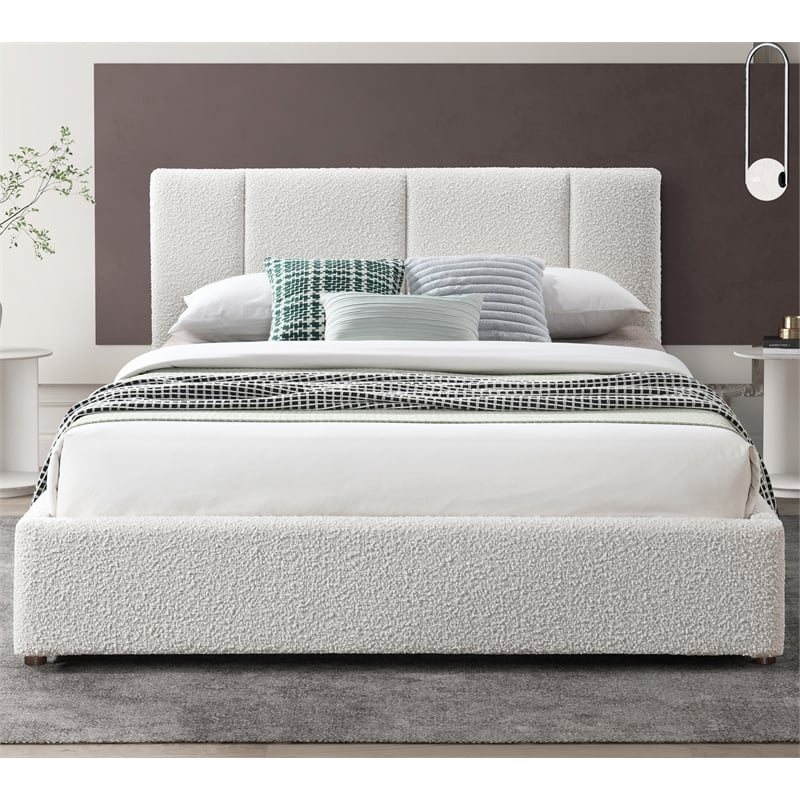 Pemberly Row Upholstered Platform Queen Bed in Cream Beige Boucle Fabric