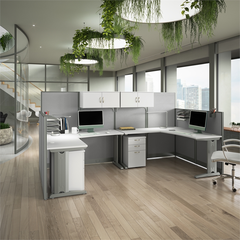 Pemberly Row 2 Person L Cubicle Desk Set in Pure White - Engineered Wood