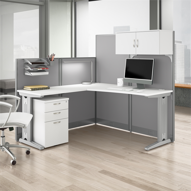 Pemberly Row L Cubicle Desk with Storage in Pure White - Engineered Wood