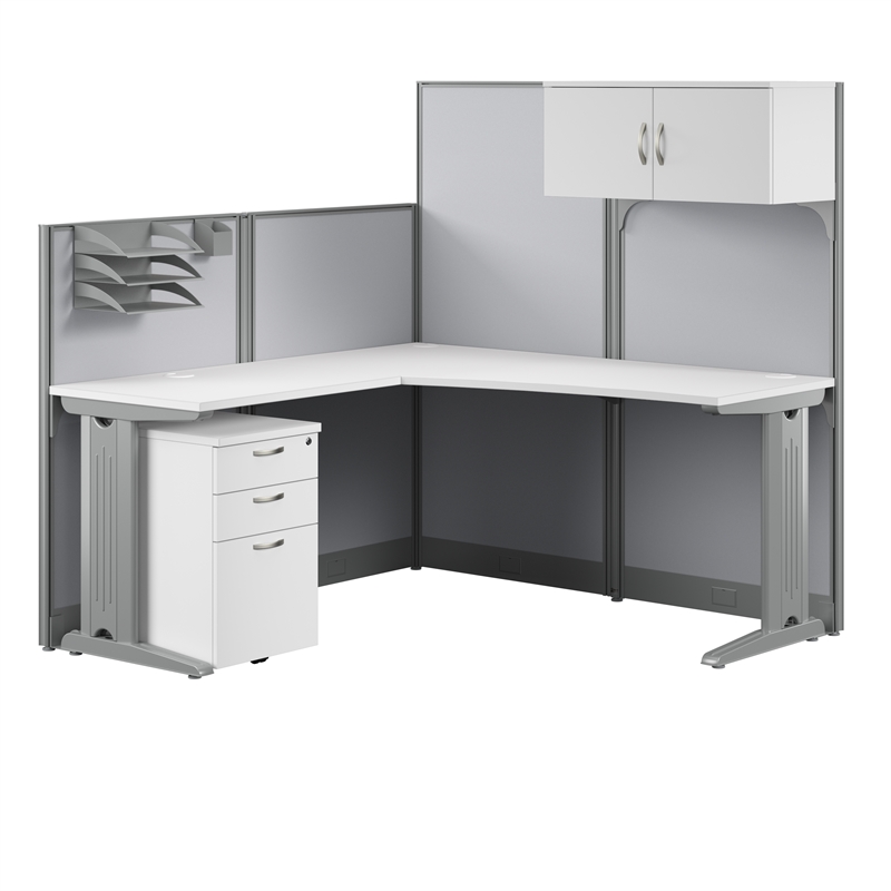 Pemberly Row L Cubicle Desk with Storage in Pure White - Engineered Wood