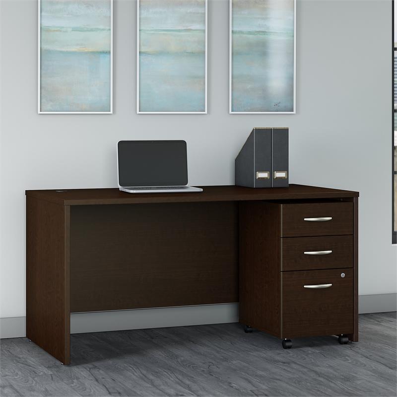 Pemberly Row 60W Office Desk with Drawers in Mocha Cherry - Engineered Wood