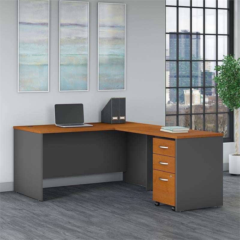 Pemberly Row 60W L Shaped Desk with Drawers in Natural Cherry - Engineered Wood