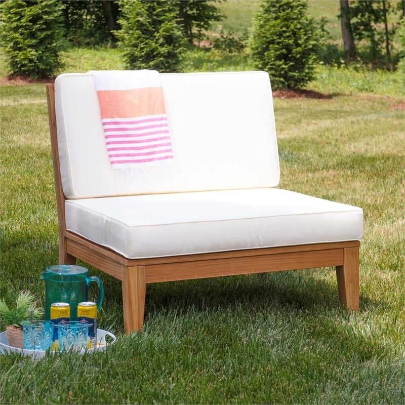 Pemberly Row Outdoor Teak Wood Armless Chair with White Cushions in Natural Oil
