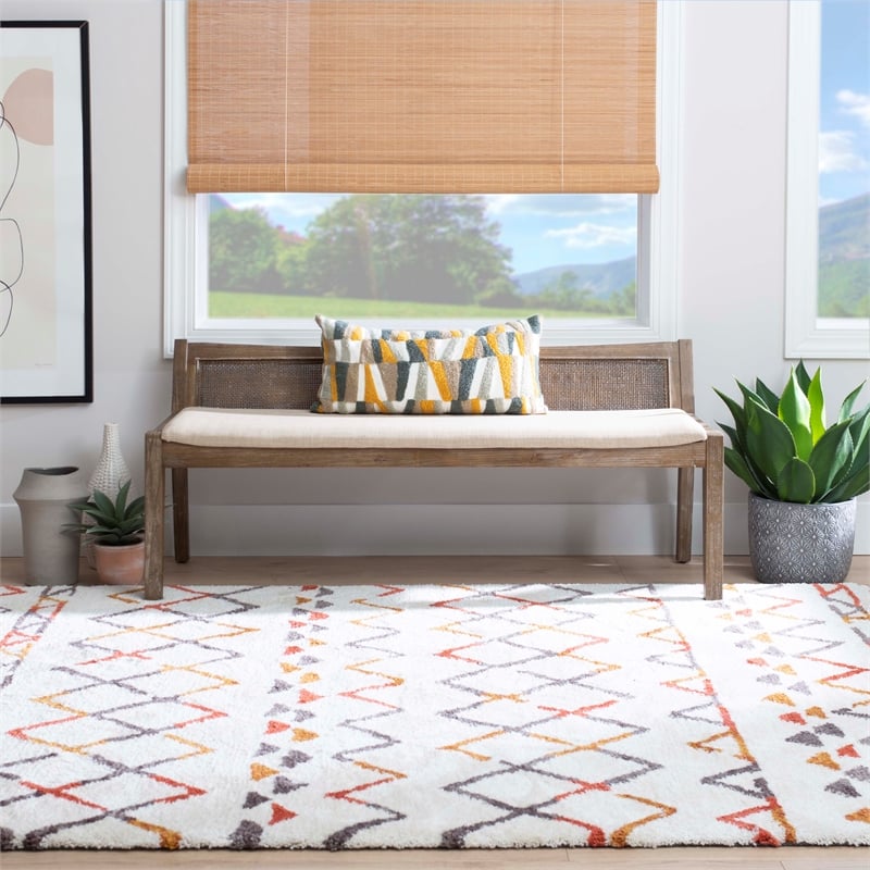 Pemberly Row Wood Bench Woven Cane Back Beige Padded Seat in Brown Stain Finish