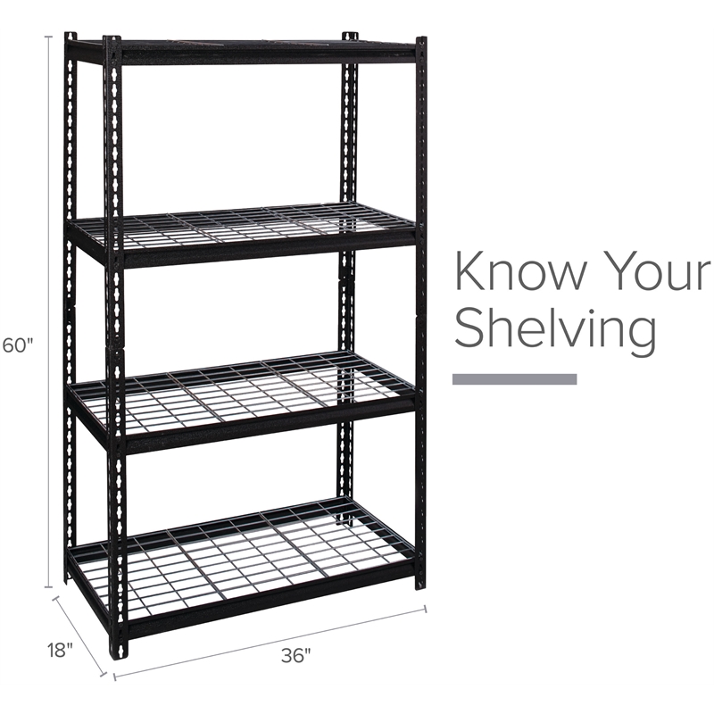 Pemberly Row Riveted Metal Wire Deck Shelving 4-Shelf Unit 18D x 36W x 60H Black