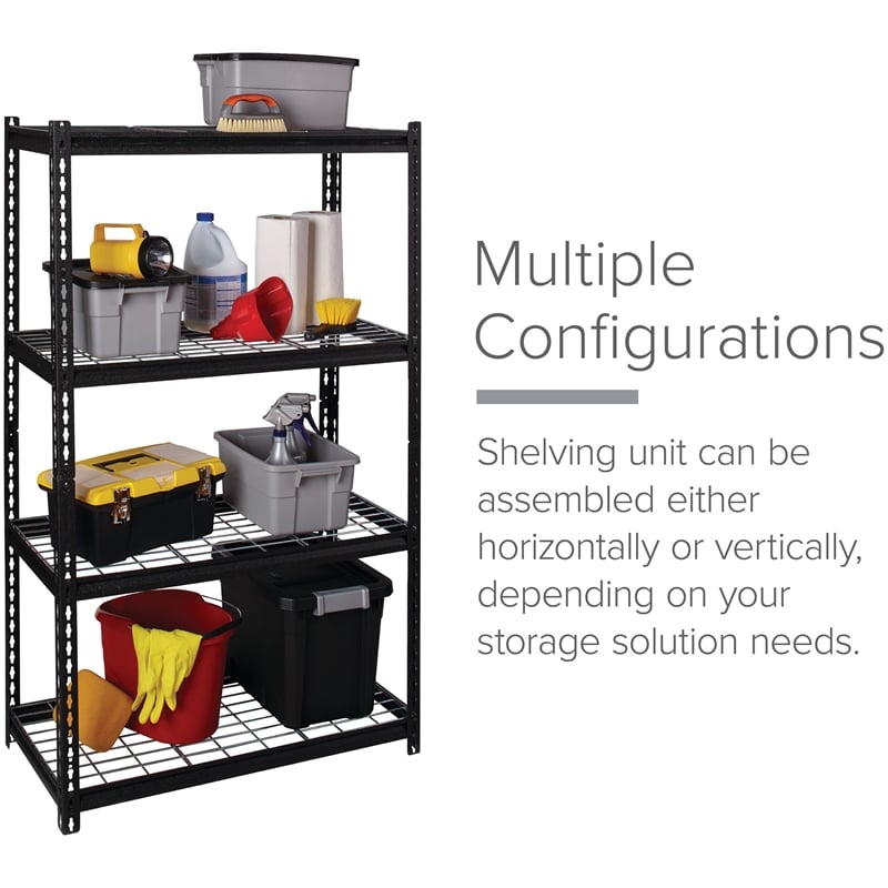 Pemberly Row Riveted Metal Wire Deck Shelving 4-Shelf Unit 18D x 36W x 60H Black
