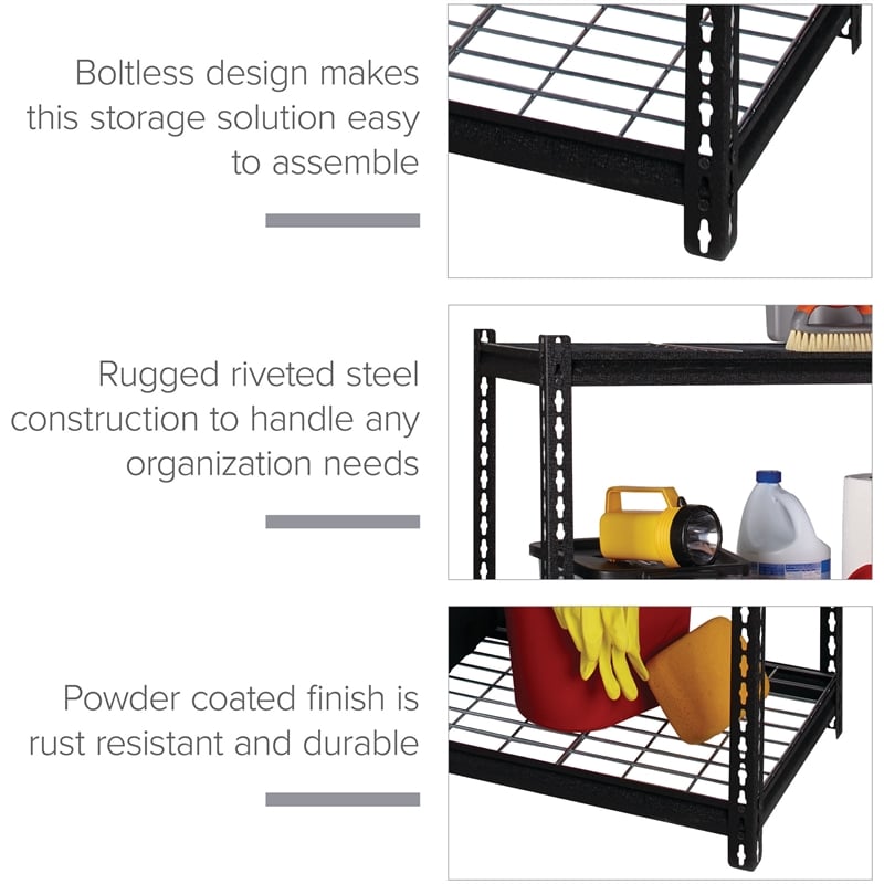 Pemberly Row Riveted Metal Wire Deck Shelving 4-Shelf Unit 18D x 36W x 60H Black