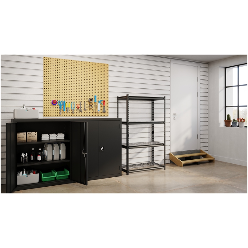 Pemberly Row Riveted Metal Wire Deck Shelving 4-Shelf Unit 18D x 36W x 60H Black
