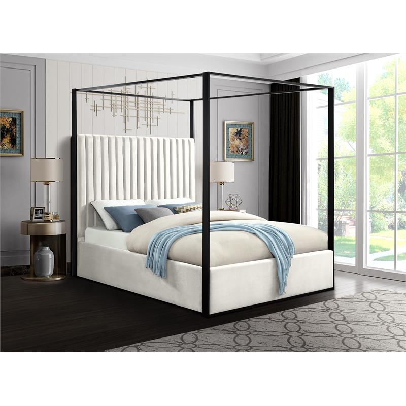 Pemberly Row Modern Solid Wood and Velvet Queen Bed in Cream