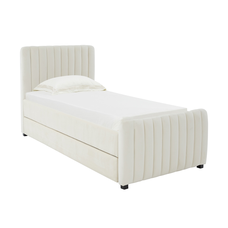 Pemberly Row Contemporary Cream Velvet Trundle Bed in Twin Size