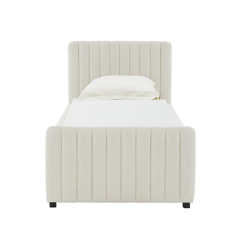 Pemberly Row Contemporary Cream Velvet Trundle Bed in Twin Size