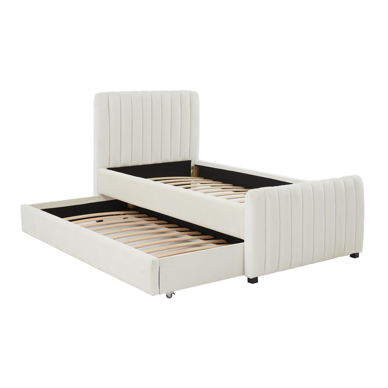Pemberly Row Contemporary Cream Velvet Trundle Bed in Twin Size