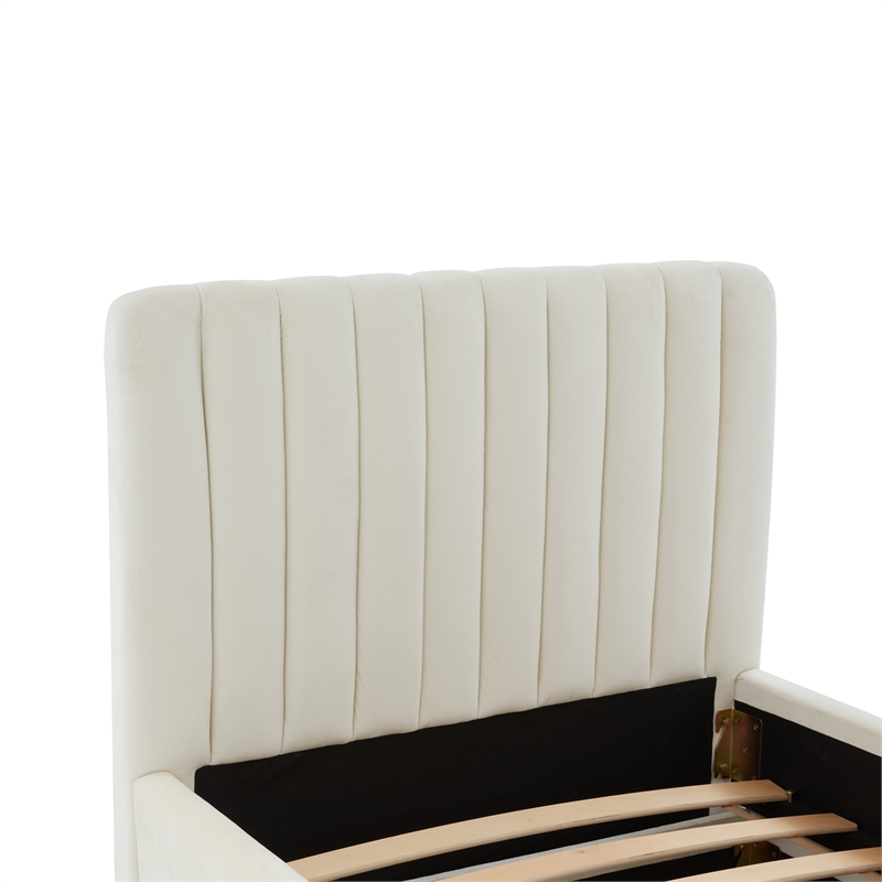 Pemberly Row Contemporary Cream Velvet Trundle Bed in Twin Size