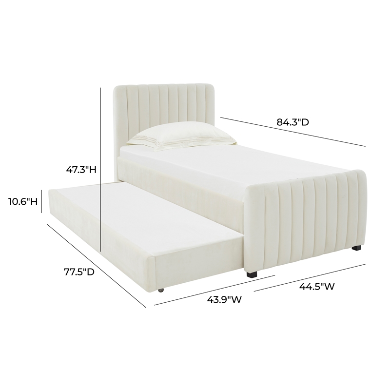 Pemberly Row Contemporary Cream Velvet Trundle Bed in Twin Size