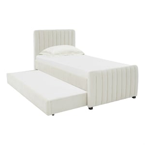 Pemberly Row Contemporary Cream Velvet Trundle Bed in Twin Size
