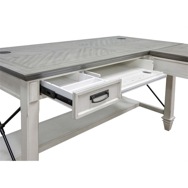Pemberly Row Contemporary Wood L-Shaped Desk in Weathered White