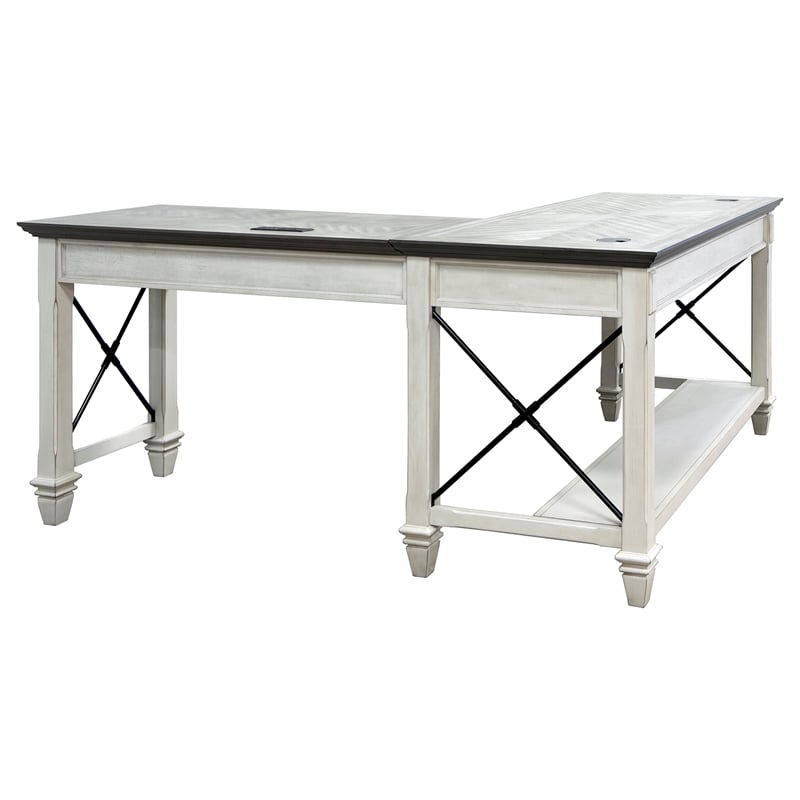 Pemberly Row Contemporary Wood L-Shaped Desk in Weathered White
