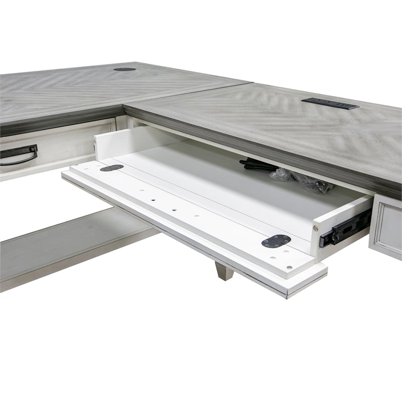 Pemberly Row Contemporary Wood L-Shaped Desk in Weathered White