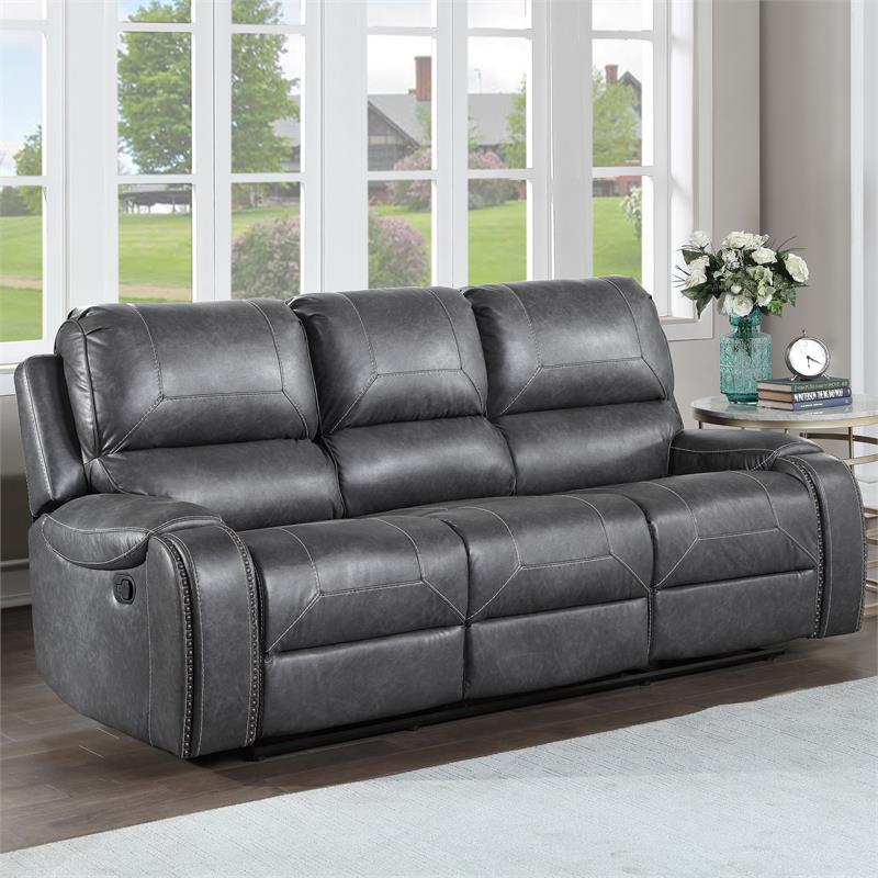 Pemberly Row Contemporary Gray Faux Leather Manual Recliner Sofa