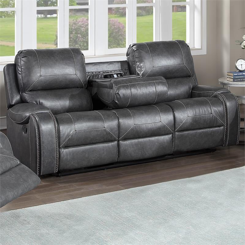 Pemberly Row Contemporary Gray Faux Leather Manual Recliner Sofa