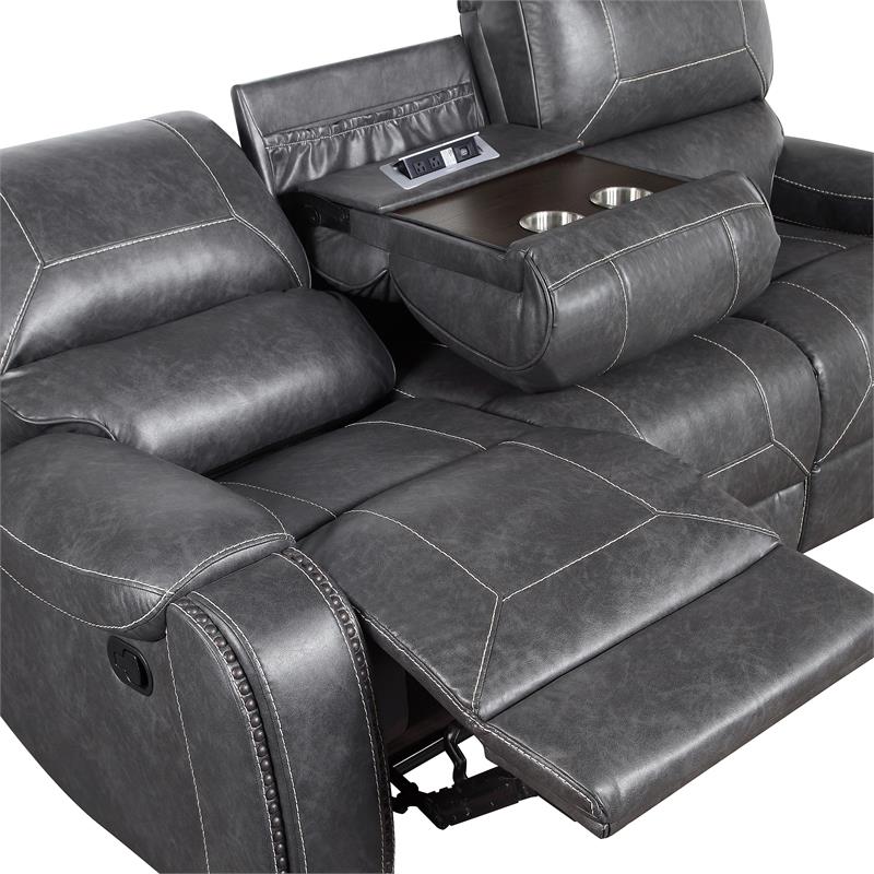 Pemberly Row Contemporary Gray Faux Leather Manual Recliner Sofa