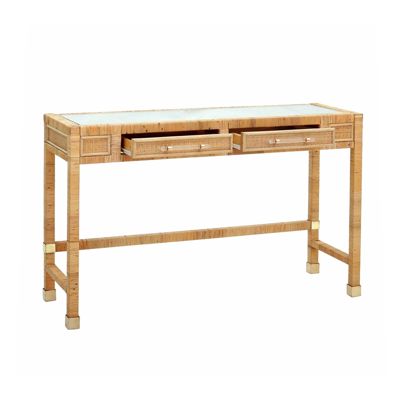 Pemberly Row Contemporary Rattan Glass Top Desk in Natural Finish