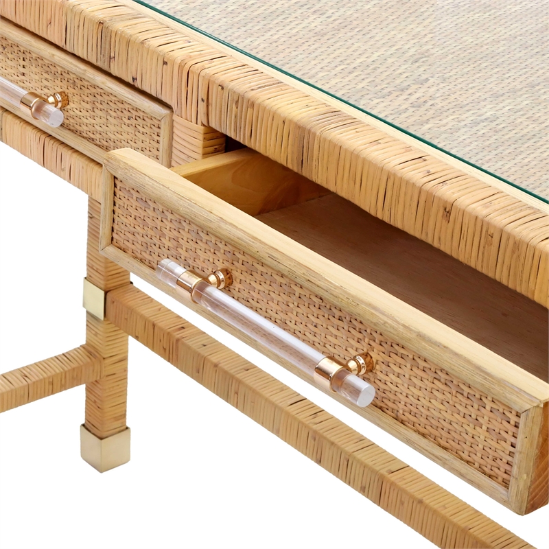 Pemberly Row Contemporary Rattan Glass Top Desk in Natural Finish