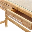 Pemberly Row Contemporary Rattan Glass Top Desk in Natural Finish
