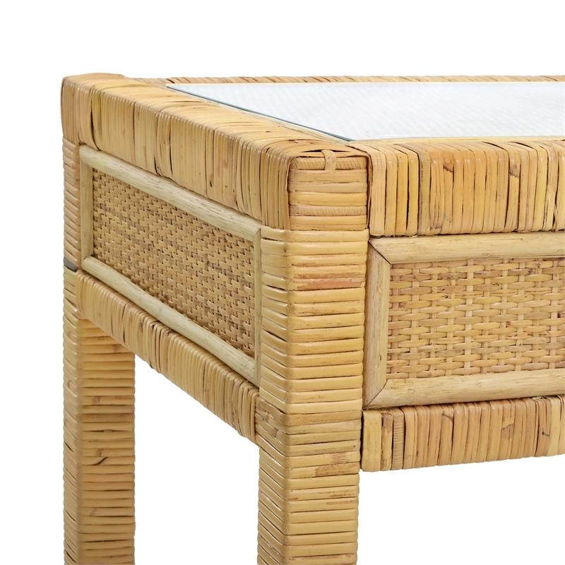 Pemberly Row Contemporary Rattan Glass Top Desk in Natural Finish