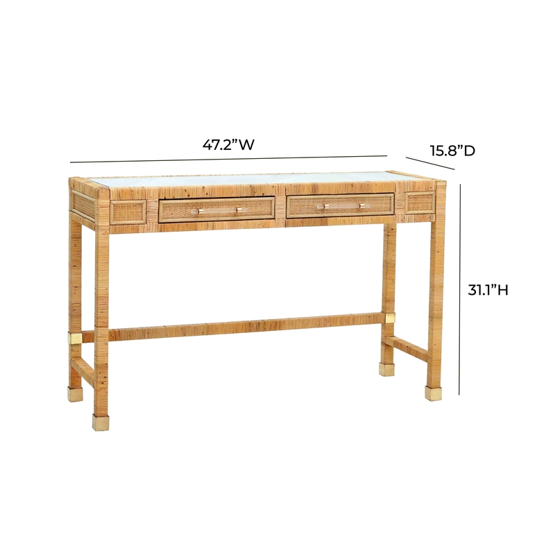 Pemberly Row Contemporary Rattan Glass Top Desk in Natural Finish