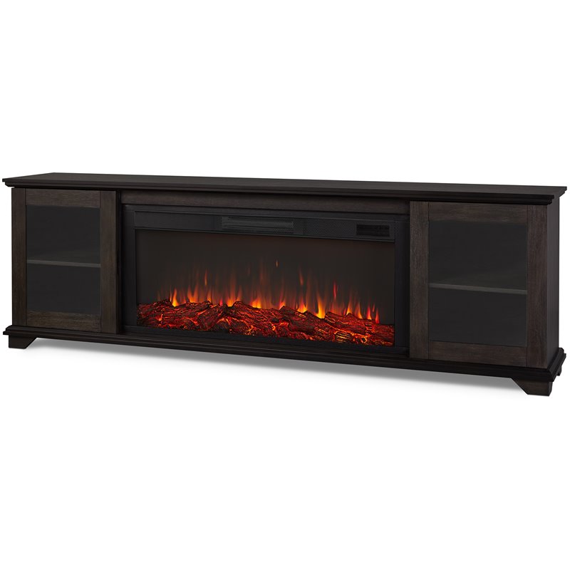 Pemberly Row Solid Wood Landscape Media Electric Fireplace in Brown