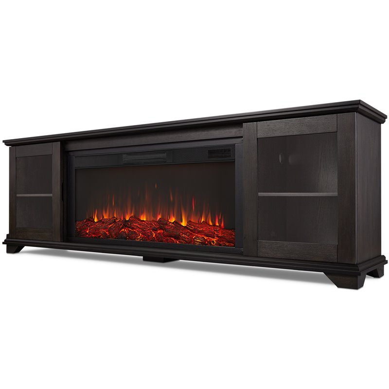 Pemberly Row Solid Wood Landscape Media Electric Fireplace in Brown