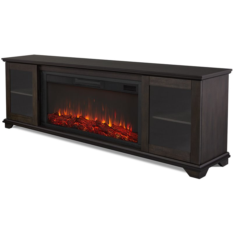 Pemberly Row Solid Wood Landscape Media Electric Fireplace in Brown