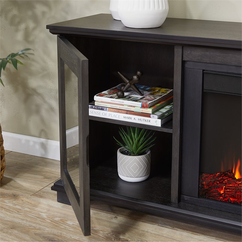 Pemberly Row Solid Wood Landscape Media Electric Fireplace in Brown