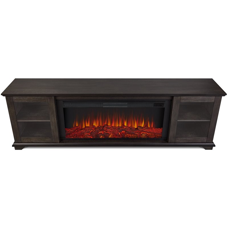 Pemberly Row Solid Wood Landscape Media Electric Fireplace in Brown