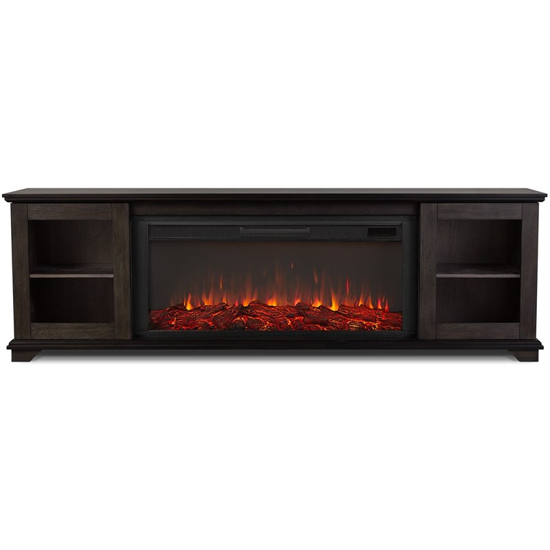 Pemberly Row Solid Wood Landscape Media Electric Fireplace in Brown