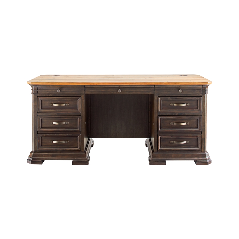 Pemberly Row Double Pedestal Executive Desk Solid Wood Plank Top in Brown