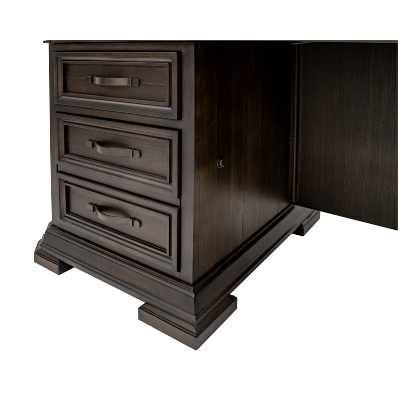 Pemberly Row Double Pedestal Executive Desk Solid Wood Plank Top in Brown