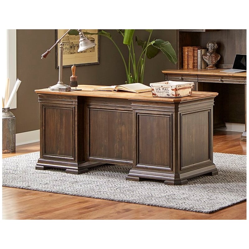 Pemberly Row Double Pedestal Executive Desk Solid Wood Plank Top in Brown
