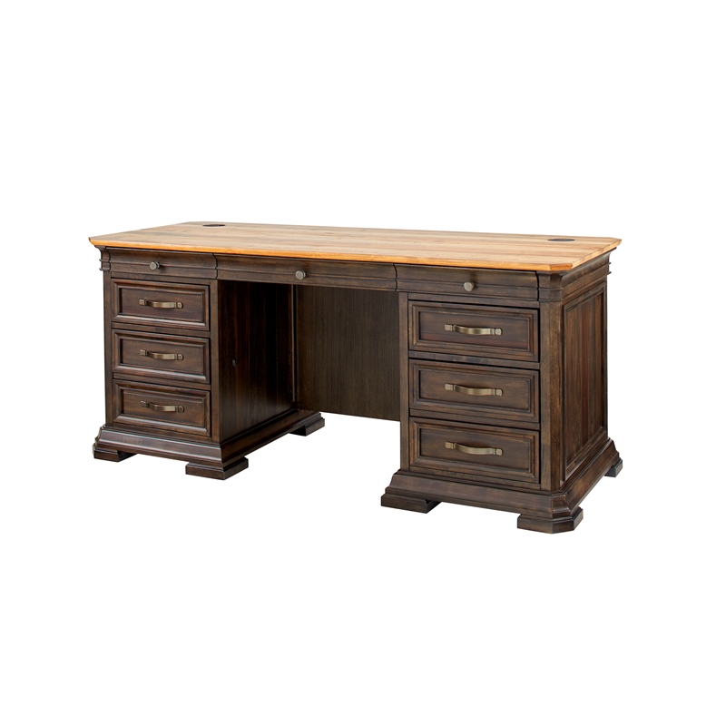 Pemberly Row Double Pedestal Executive Desk Solid Wood Plank Top in Brown