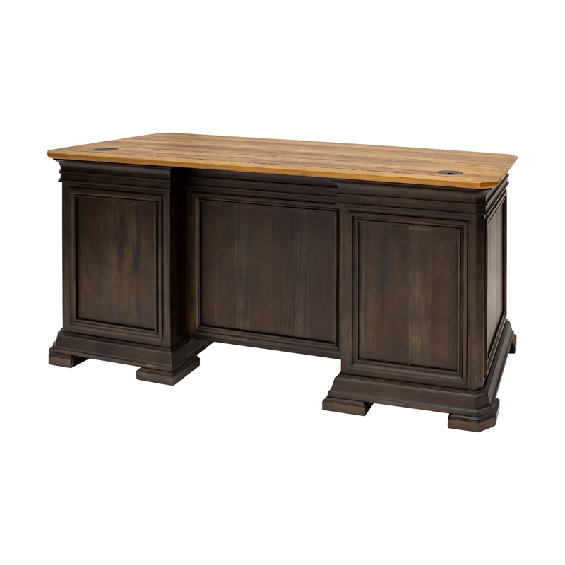 Pemberly Row Double Pedestal Executive Desk Solid Wood Plank Top in Brown