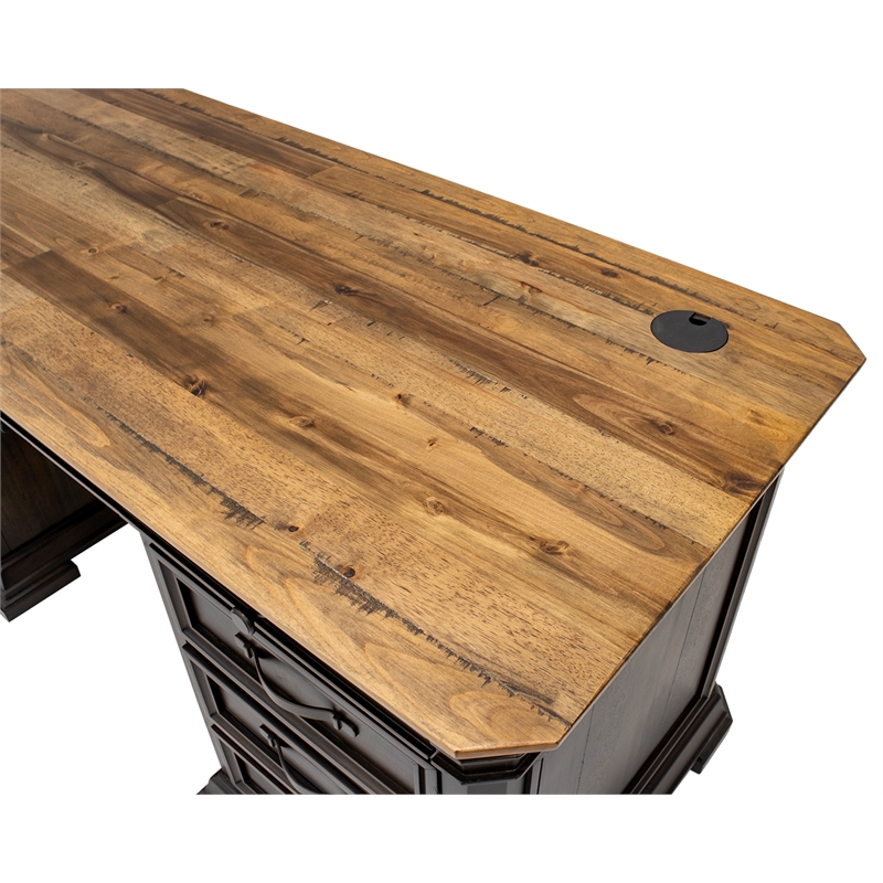 Pemberly Row Double Pedestal Executive Desk Solid Wood Plank Top in Brown